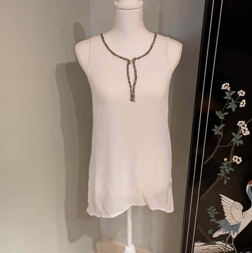 AB Studio Women's Medium Tank Top White Beaded Keyhole Neckline Boho 122